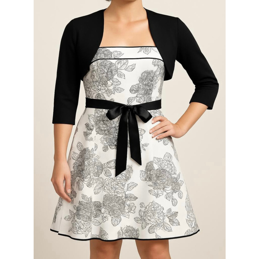 Dressbarn Women's Dress Size 14 White Black‎ Floral A-Line Babydoll Cottagecore